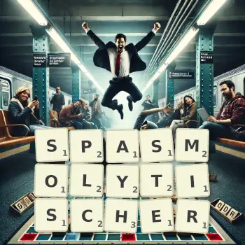 Kreative Illustration für ein Scrabble-Spiel, bei dem das Wort SPASMOLYTISCHER mit Steinen auf dem Brett gelegt wurde.