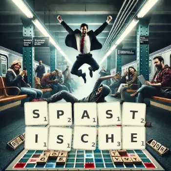Kreative Illustration für ein Scrabble-Spiel, bei dem das Wort SPASTISCHE mit Steinen auf dem Brett gelegt wurde.