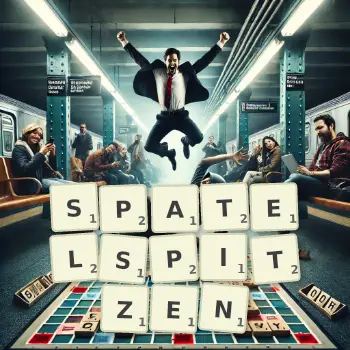Kreative Illustration für ein Scrabble-Spiel, bei dem das Wort SPATELSPITZEN mit Steinen auf dem Brett gelegt wurde.