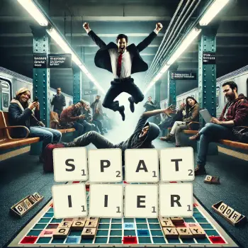 Kreative Illustration für ein Scrabble-Spiel, bei dem das Wort SPATIIER mit Steinen auf dem Brett gelegt wurde.