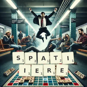 Kreative Illustration für ein Scrabble-Spiel, bei dem das Wort SPATIIERE mit Steinen auf dem Brett gelegt wurde.