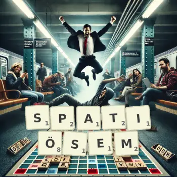Kreative Illustration für ein Scrabble-Spiel, bei dem das Wort SPATIÖSEM mit Steinen auf dem Brett gelegt wurde.