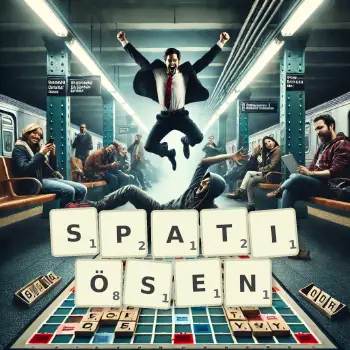 Kreative Illustration für ein Scrabble-Spiel, bei dem das Wort SPATIÖSEN mit Steinen auf dem Brett gelegt wurde.