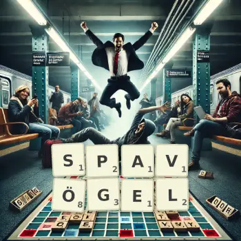 Kreative Illustration für ein Scrabble-Spiel, bei dem das Wort SPAVÖGEL mit Steinen auf dem Brett gelegt wurde.