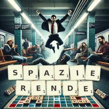 Kreative Illustration für ein Scrabble-Spiel, bei dem das Wort SPAZIERENDE mit Steinen auf dem Brett gelegt wurde.