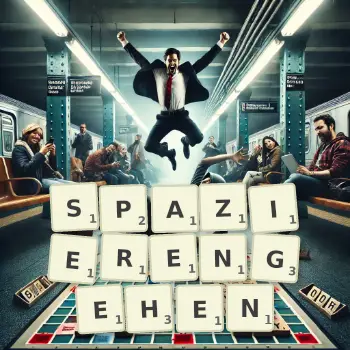 Kreative Illustration für ein Scrabble-Spiel, bei dem das Wort SPAZIERENGEHEN mit Steinen auf dem Brett gelegt wurde.