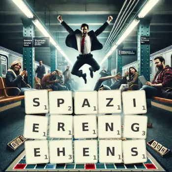 Kreative Illustration für ein Scrabble-Spiel, bei dem das Wort SPAZIERENGEHENS mit Steinen auf dem Brett gelegt wurde.