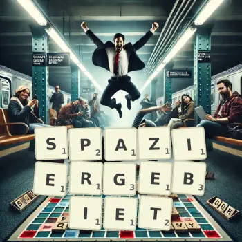 Kreative Illustration für ein Scrabble-Spiel, bei dem das Wort SPAZIERGEBIET mit Steinen auf dem Brett gelegt wurde.