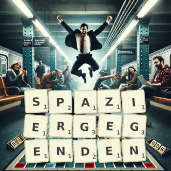 Kreative Illustration für ein Scrabble-Spiel, bei dem das Wort SPAZIERGEGENDEN mit Steinen auf dem Brett gelegt wurde.