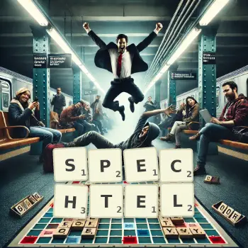 Kreative Illustration für ein Scrabble-Spiel, bei dem das Wort SPECHTEL mit Steinen auf dem Brett gelegt wurde.