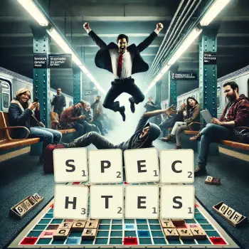 Kreative Illustration für ein Scrabble-Spiel, bei dem das Wort SPECHTES mit Steinen auf dem Brett gelegt wurde.