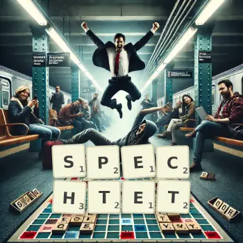 Kreative Illustration für ein Scrabble-Spiel, bei dem das Wort SPECHTET mit Steinen auf dem Brett gelegt wurde.