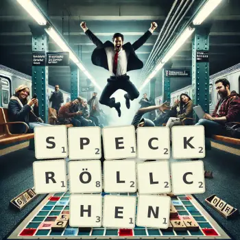 Kreative Illustration für ein Scrabble-Spiel, bei dem das Wort SPECKRÖLLCHEN mit Steinen auf dem Brett gelegt wurde.