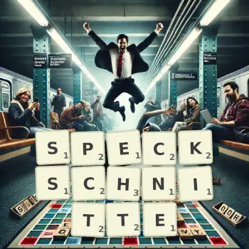Kreative Illustration für ein Scrabble-Spiel, bei dem das Wort SPECKSCHNITTE mit Steinen auf dem Brett gelegt wurde.
