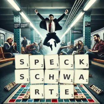Kreative Illustration für ein Scrabble-Spiel, bei dem das Wort SPECKSCHWARTE mit Steinen auf dem Brett gelegt wurde.