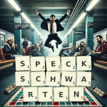 Kreative Illustration für ein Scrabble-Spiel, bei dem das Wort SPECKSCHWARTEN mit Steinen auf dem Brett gelegt wurde.