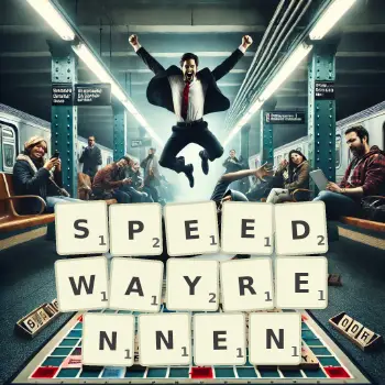 Kreative Illustration für ein Scrabble-Spiel, bei dem das Wort SPEEDWAYRENNEN mit Steinen auf dem Brett gelegt wurde.