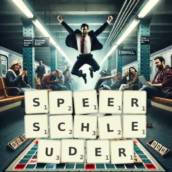 Kreative Illustration für ein Scrabble-Spiel, bei dem das Wort SPEERSCHLEUDER mit Steinen auf dem Brett gelegt wurde.