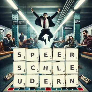 Kreative Illustration für ein Scrabble-Spiel, bei dem das Wort SPEERSCHLEUDERN mit Steinen auf dem Brett gelegt wurde.