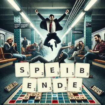 Kreative Illustration für ein Scrabble-Spiel, bei dem das Wort SPEIBENDE mit Steinen auf dem Brett gelegt wurde.