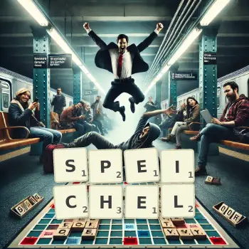 Kreative Illustration für ein Scrabble-Spiel, bei dem das Wort SPEICHEL mit Steinen auf dem Brett gelegt wurde.