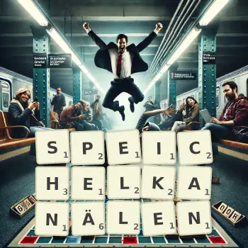 Kreative Illustration für ein Scrabble-Spiel, bei dem das Wort SPEICHELKANÄLEN mit Steinen auf dem Brett gelegt wurde.