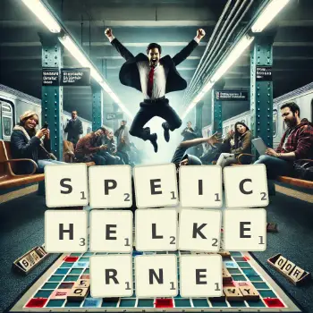 Kreative Illustration für ein Scrabble-Spiel, bei dem das Wort SPEICHELKERNE mit Steinen auf dem Brett gelegt wurde.
