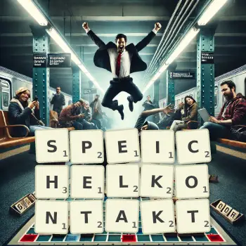 Kreative Illustration für ein Scrabble-Spiel, bei dem das Wort SPEICHELKONTAKT mit Steinen auf dem Brett gelegt wurde.