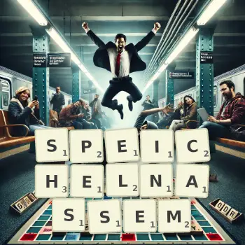 Kreative Illustration für ein Scrabble-Spiel, bei dem das Wort SPEICHELNASSEM mit Steinen auf dem Brett gelegt wurde.