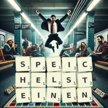Kreative Illustration für ein Scrabble-Spiel, bei dem das Wort SPEICHELSTEINEN mit Steinen auf dem Brett gelegt wurde.