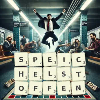 Kreative Illustration für ein Scrabble-Spiel, bei dem das Wort SPEICHELSTOFFEN mit Steinen auf dem Brett gelegt wurde.
