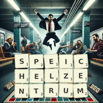 Kreative Illustration für ein Scrabble-Spiel, bei dem das Wort SPEICHELZENTRUM mit Steinen auf dem Brett gelegt wurde.