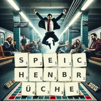 Kreative Illustration für ein Scrabble-Spiel, bei dem das Wort SPEICHENBRÜCHE mit Steinen auf dem Brett gelegt wurde.