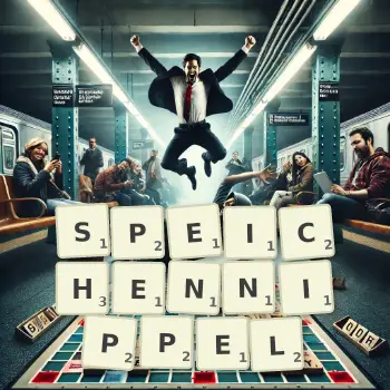 Kreative Illustration für ein Scrabble-Spiel, bei dem das Wort SPEICHENNIPPEL mit Steinen auf dem Brett gelegt wurde.