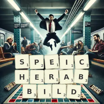 Kreative Illustration für ein Scrabble-Spiel, bei dem das Wort SPEICHERABBILD mit Steinen auf dem Brett gelegt wurde.