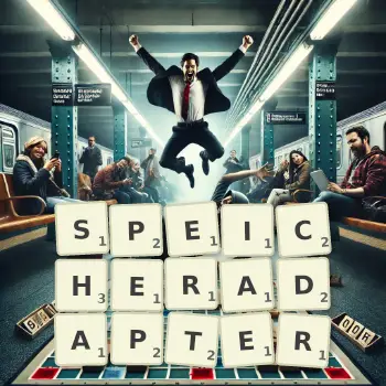 Kreative Illustration für ein Scrabble-Spiel, bei dem das Wort SPEICHERADAPTER mit Steinen auf dem Brett gelegt wurde.