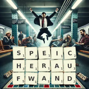 Kreative Illustration für ein Scrabble-Spiel, bei dem das Wort SPEICHERAUFWAND mit Steinen auf dem Brett gelegt wurde.