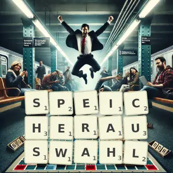 Kreative Illustration für ein Scrabble-Spiel, bei dem das Wort SPEICHERAUSWAHL mit Steinen auf dem Brett gelegt wurde.