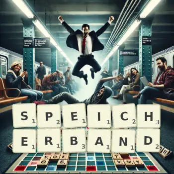 Kreative Illustration für ein Scrabble-Spiel, bei dem das Wort SPEICHERBAND mit Steinen auf dem Brett gelegt wurde.