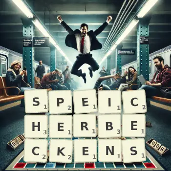 Kreative Illustration für ein Scrabble-Spiel, bei dem das Wort SPEICHERBECKENS mit Steinen auf dem Brett gelegt wurde.