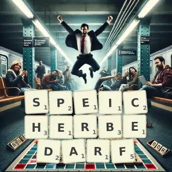Kreative Illustration für ein Scrabble-Spiel, bei dem das Wort SPEICHERBEDARF mit Steinen auf dem Brett gelegt wurde.