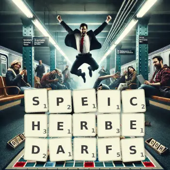 Kreative Illustration für ein Scrabble-Spiel, bei dem das Wort SPEICHERBEDARFS mit Steinen auf dem Brett gelegt wurde.