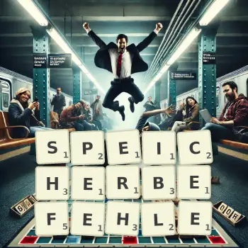 Kreative Illustration für ein Scrabble-Spiel, bei dem das Wort SPEICHERBEFEHLE mit Steinen auf dem Brett gelegt wurde.