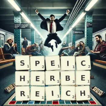 Kreative Illustration für ein Scrabble-Spiel, bei dem das Wort SPEICHERBEREICH mit Steinen auf dem Brett gelegt wurde.
