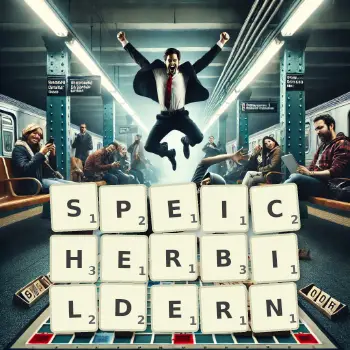 Kreative Illustration für ein Scrabble-Spiel, bei dem das Wort SPEICHERBILDERN mit Steinen auf dem Brett gelegt wurde.