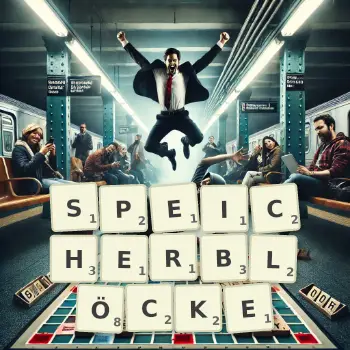 Kreative Illustration für ein Scrabble-Spiel, bei dem das Wort SPEICHERBLÖCKE mit Steinen auf dem Brett gelegt wurde.
