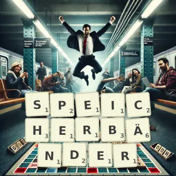 Kreative Illustration für ein Scrabble-Spiel, bei dem das Wort SPEICHERBÄNDER mit Steinen auf dem Brett gelegt wurde.