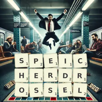 Kreative Illustration für ein Scrabble-Spiel, bei dem das Wort SPEICHERDROSSEL mit Steinen auf dem Brett gelegt wurde.