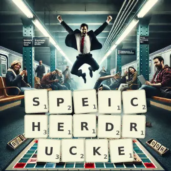 Kreative Illustration für ein Scrabble-Spiel, bei dem das Wort SPEICHERDRUCKE mit Steinen auf dem Brett gelegt wurde.