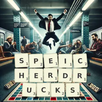 Kreative Illustration für ein Scrabble-Spiel, bei dem das Wort SPEICHERDRUCKS mit Steinen auf dem Brett gelegt wurde.